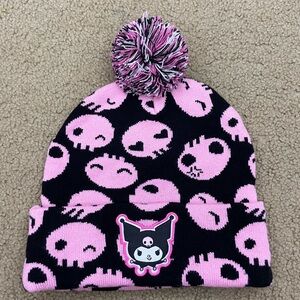 Sanrio Kuromi Pink and Black Skull Beanie with Pom Pom